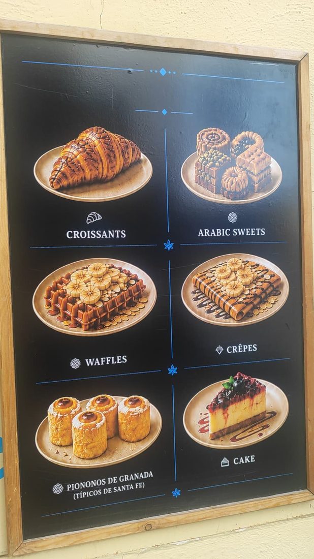 Croissants, waffles, crêpes and cake menu board
