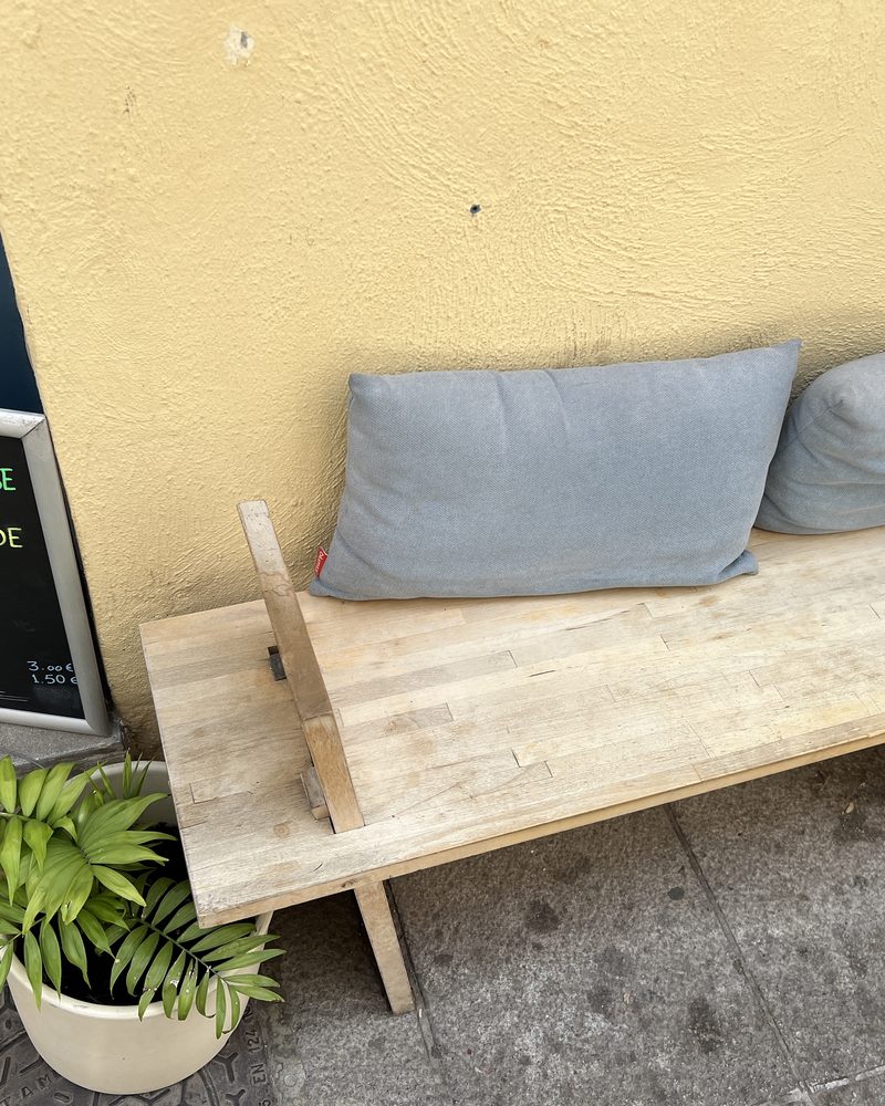 Wooden bench outside the cafe